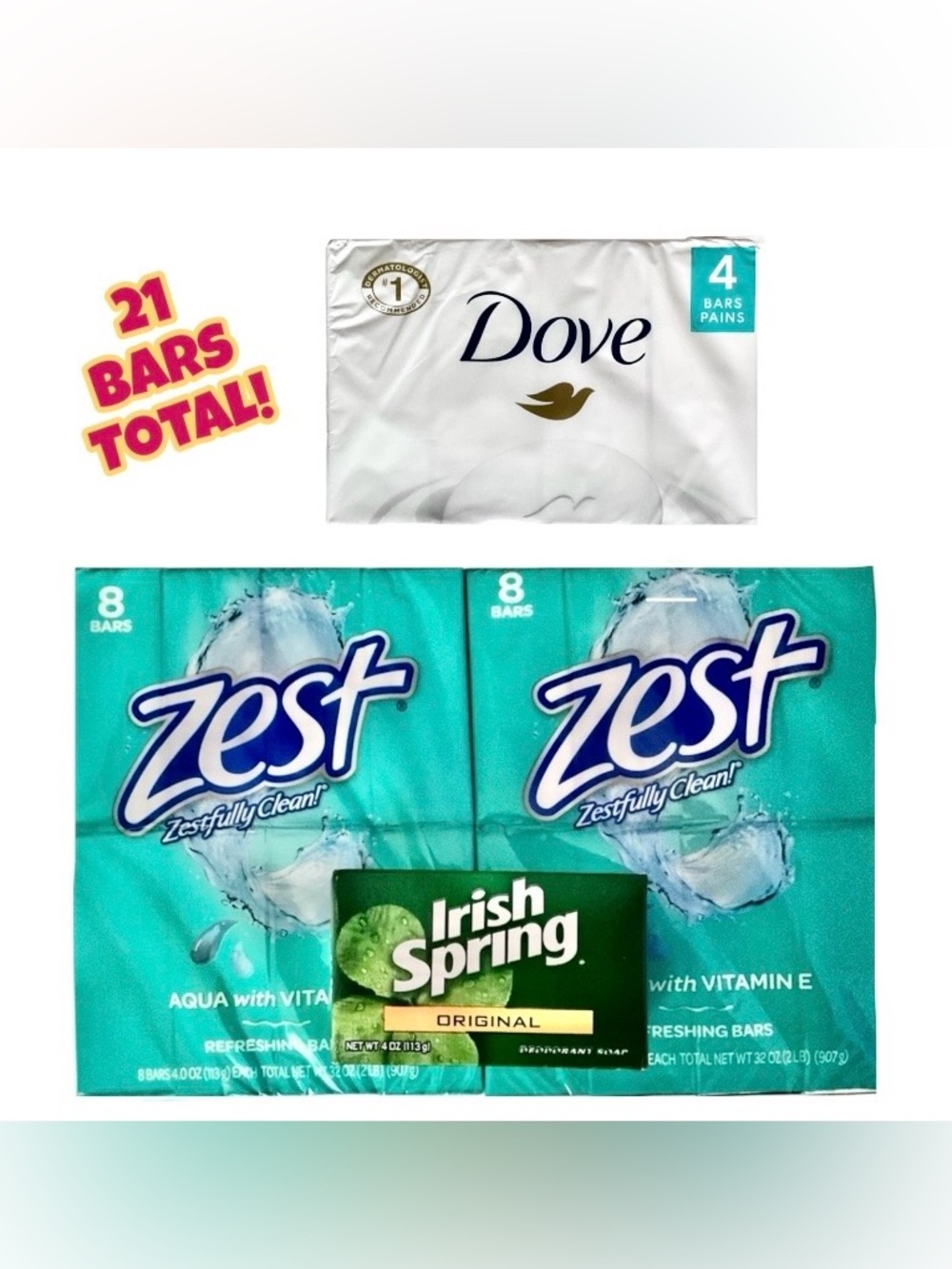 🆕 BNWT 21pc Total 16 ZEST Aqua w/Vit E, 4 Dove & 1 IRISH SPRING Soap Bars